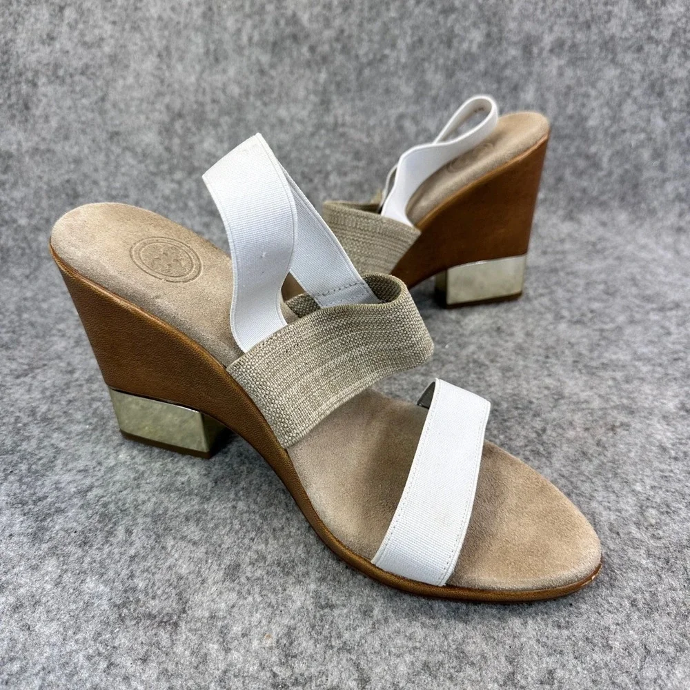 Charleston Wedge Sandals Womens 10 White Tan Elastic Comfort Shoes